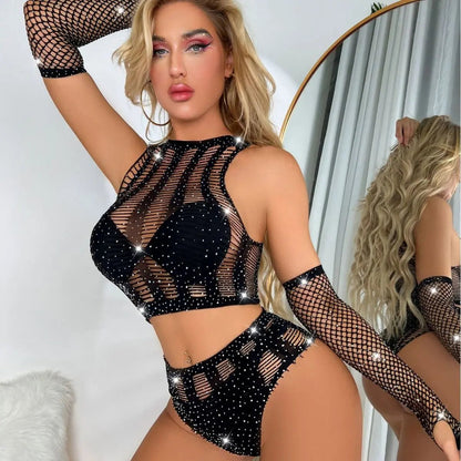 See Through Mesh Hollow 3 Piece Set Transparent Beachwear Lingerie