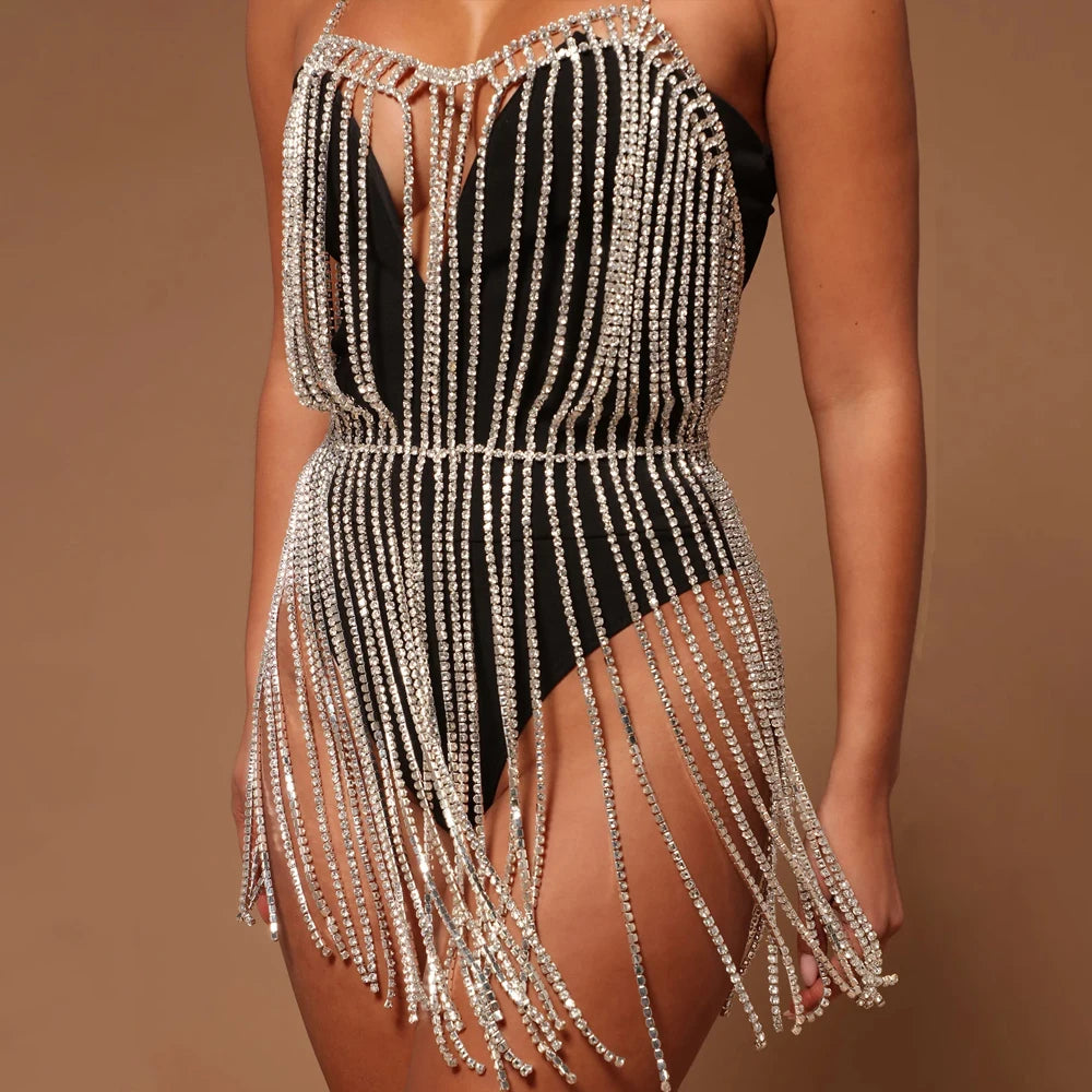 Stonefans Sexy Rhinestone Body Dress Harness Bodysuit