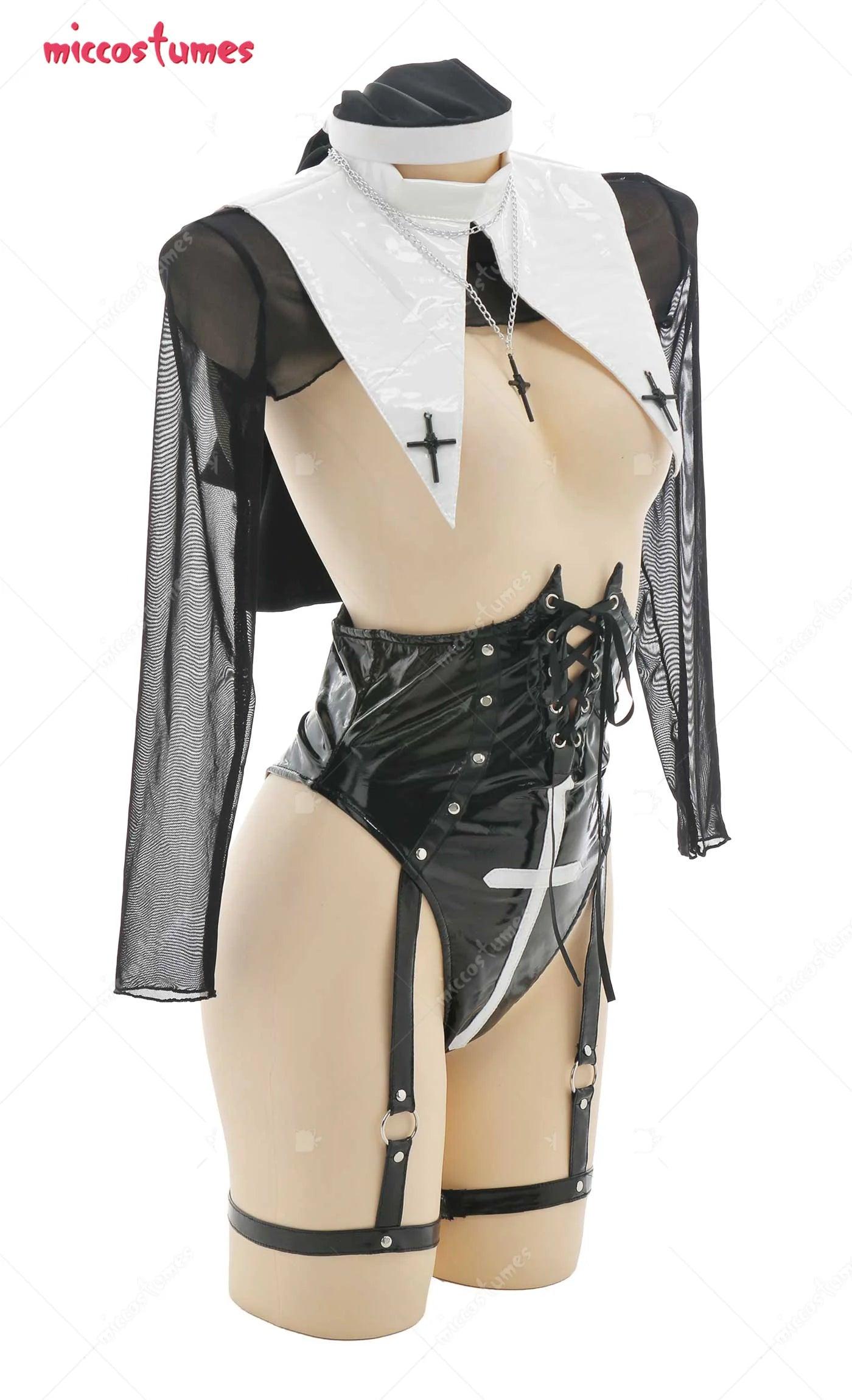 Ensemble de lingerie pour femme, combinaison de nonne, body moulant à poitrine ouverte