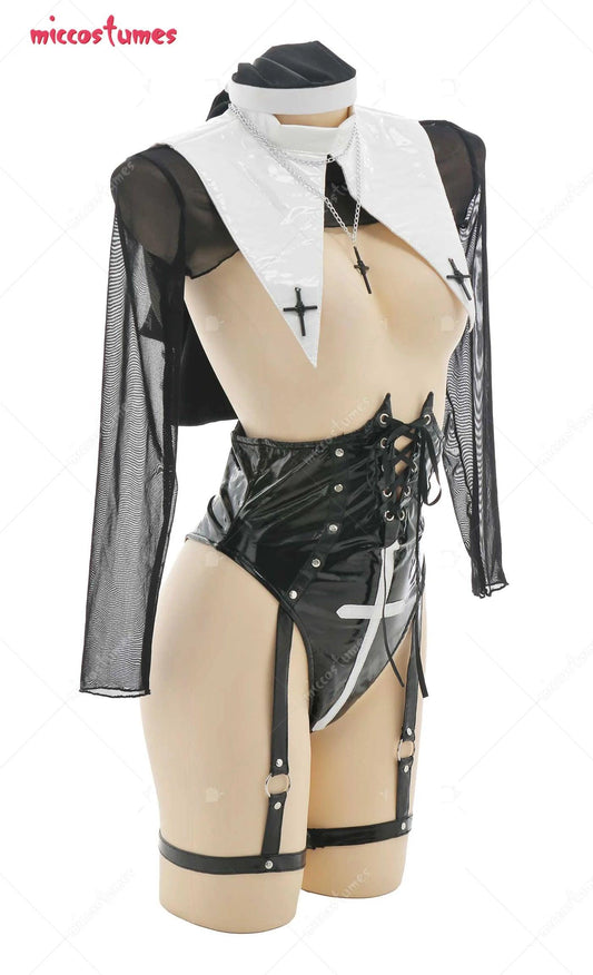 Ensemble de lingerie pour femme, combinaison de nonne, body moulant à poitrine ouverte