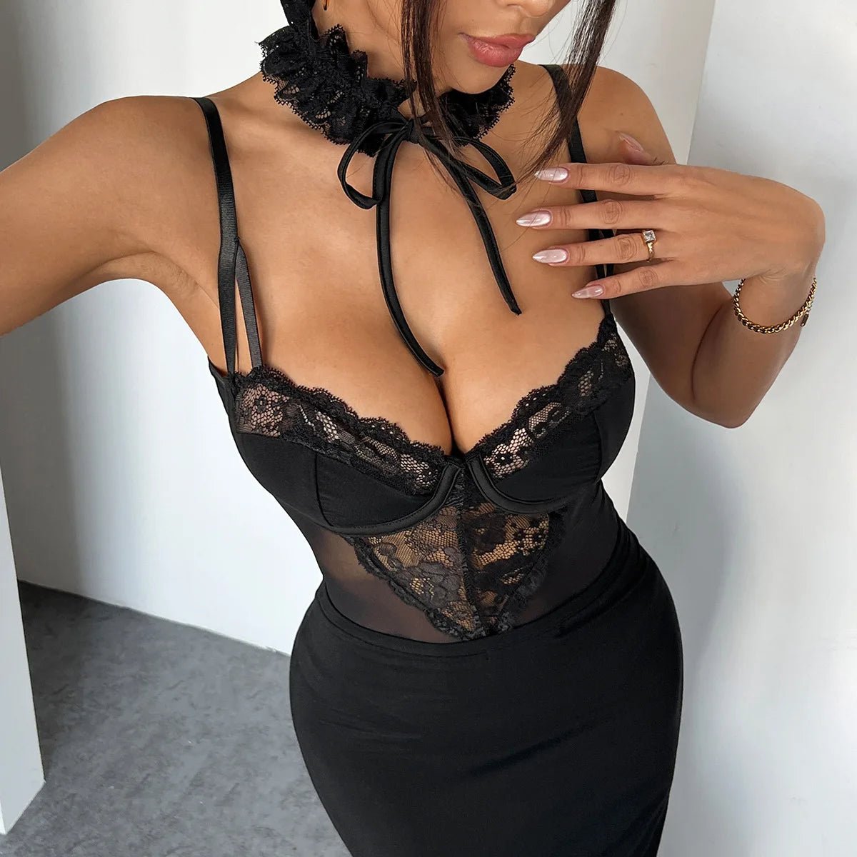 Sexy Women Black Lace Sleeveless Jumpsuit See-through Bodysuit