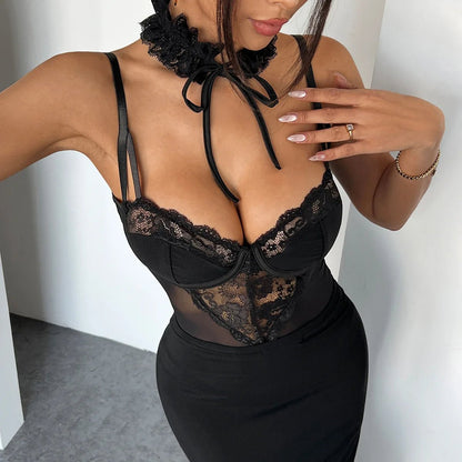 Sexy Women Black Lace Sleeveless Jumpsuit See-through Bodysuit