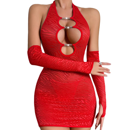 Women Lingerie Set Sheer Mesh Hollow Out Halter Dress 3 Pcs