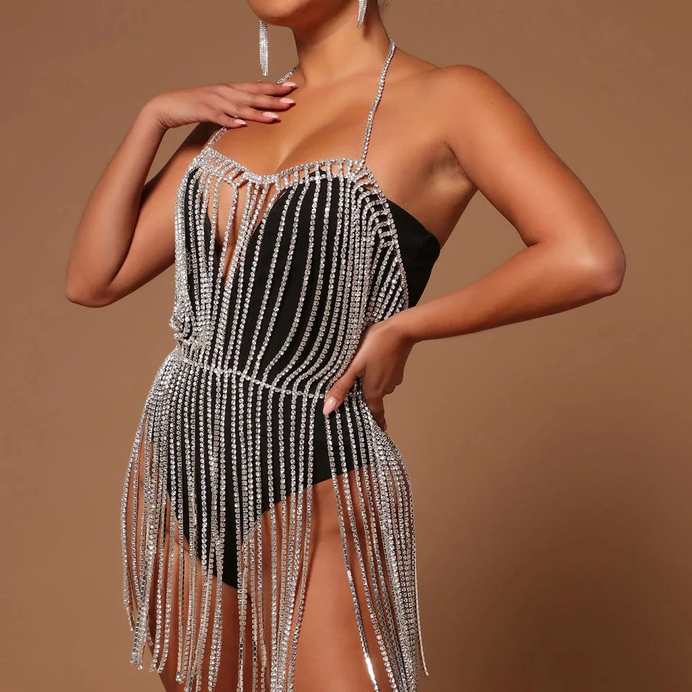 Stonefans Sexy Rhinestone Body Dress Harness Bodysuit
